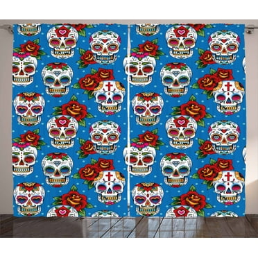 Ambesonne Sugar Skull Curtains 2 Panel Set, Mexican Retro Dots, 108" x 90", Multicolor