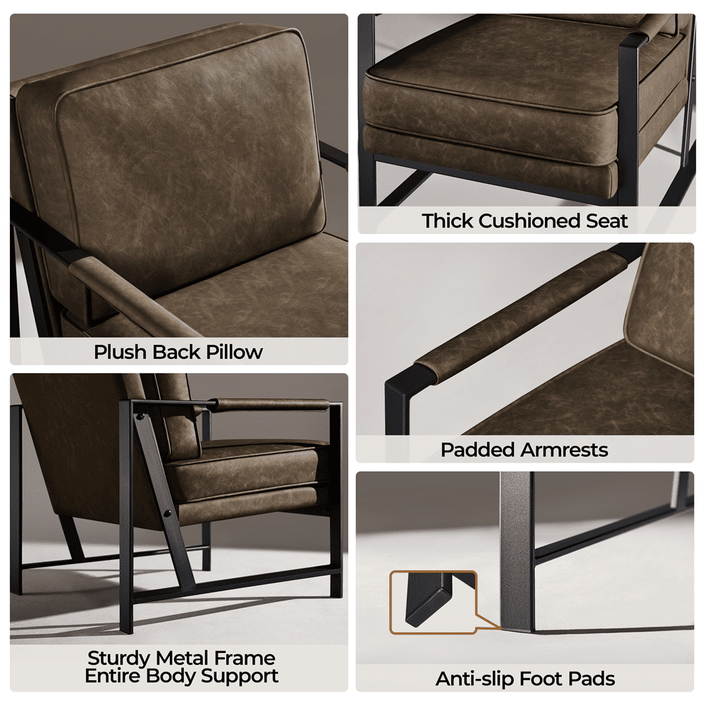 Alden Design Retro PU Leather Upholstered Lounge Chairs with Removable Seat and Back Cushion, Set of 2, Brown