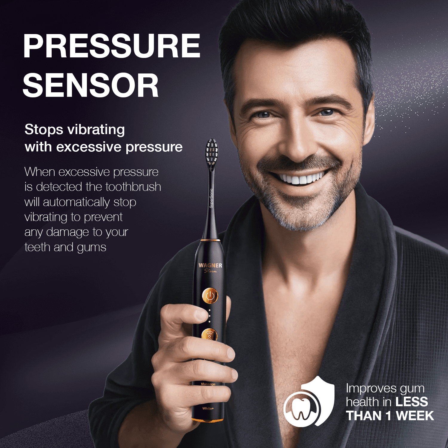Wagner Stern WHITEN+ Edition. Smart Electric Toothbrush with Pressure Sensor. 5 Brushing Modes and 3 Intensity Levels, 8 Dupont Bristles, Premium Travel Case