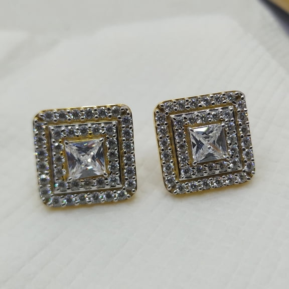 Men's 925 Sterling Silver 2.00Ct Princess Cut CZ Square Shaped Stud Earrings, Screw Back, 14K Yellow Gold Plated