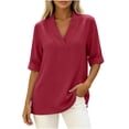 thumbnail image 2 of Women's Summer Shirts Casual Loose V-Neck Fixed Roll Cuff Short Sleeve Solid Color Blouses Lightweight cotton Linen Curved Hem Short Tops for Office Daily Wear, 2 of 7