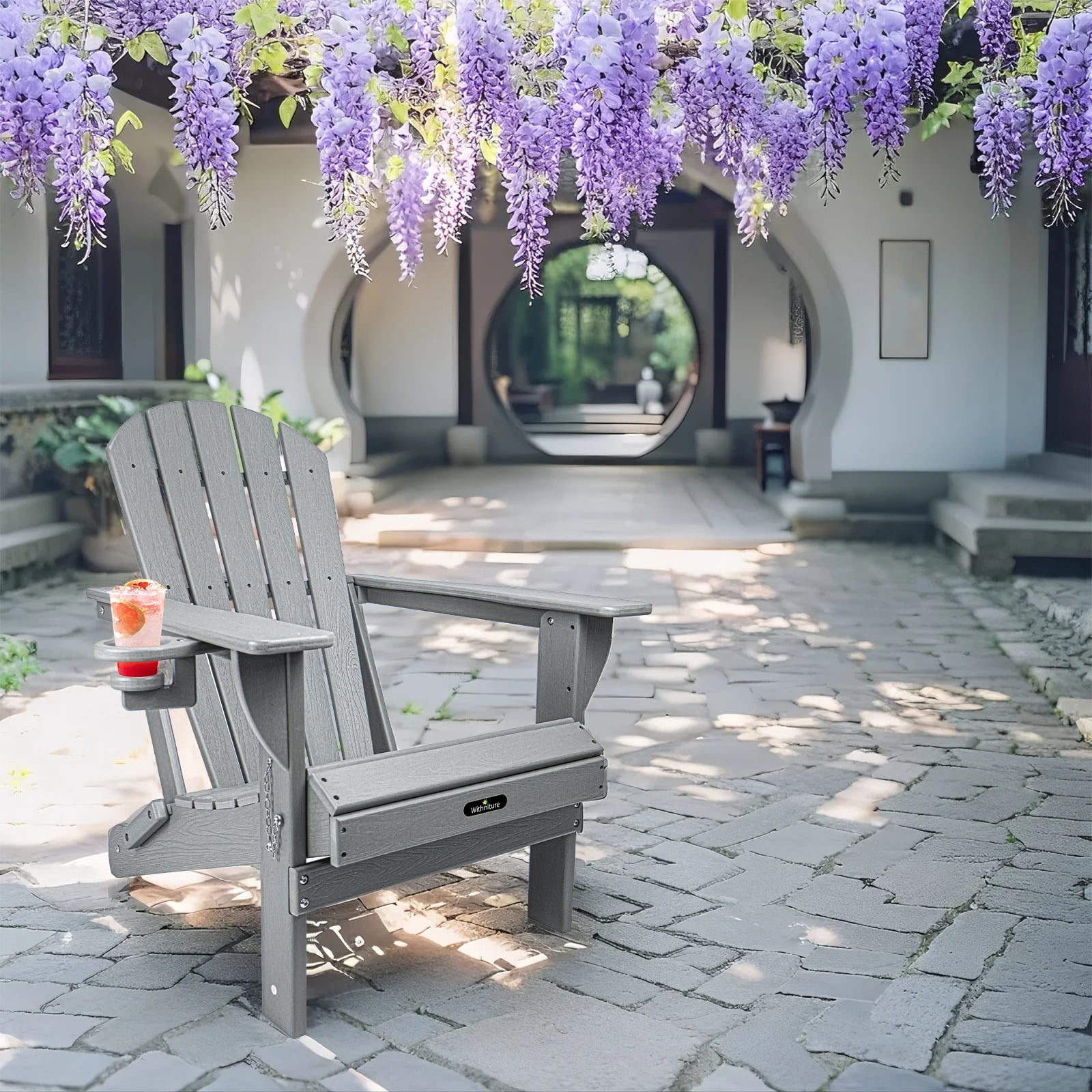 Withniture Folding Adirondack Chair, All-Weather HDPE Patio Chair with Cup Holder, Fire Pit Chair for Patio Lawn Garden Backyard Deck,Grey