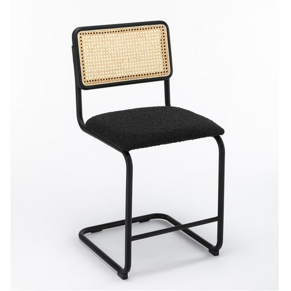 Pemberly Row Cane Back Boucle Counter Height Stool (Set Of 2) in Black