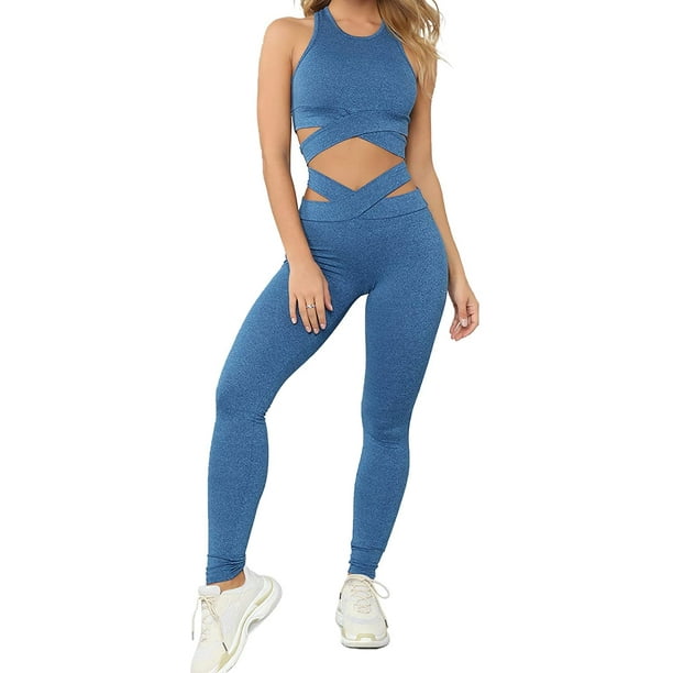 Women Criss Cross Bandage High Waisted 2 Piece Outfits Yoga Leggings with  Sports Bra Tracksuit