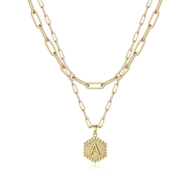 Colliers Initiaux Superposés pour Femmes, Collier Chaîne Trombone Simple Mignon Pendentif Lettre Hexagonale Collier Ras du Cou Initial Or Colliers Superposés pour Femmes, Or