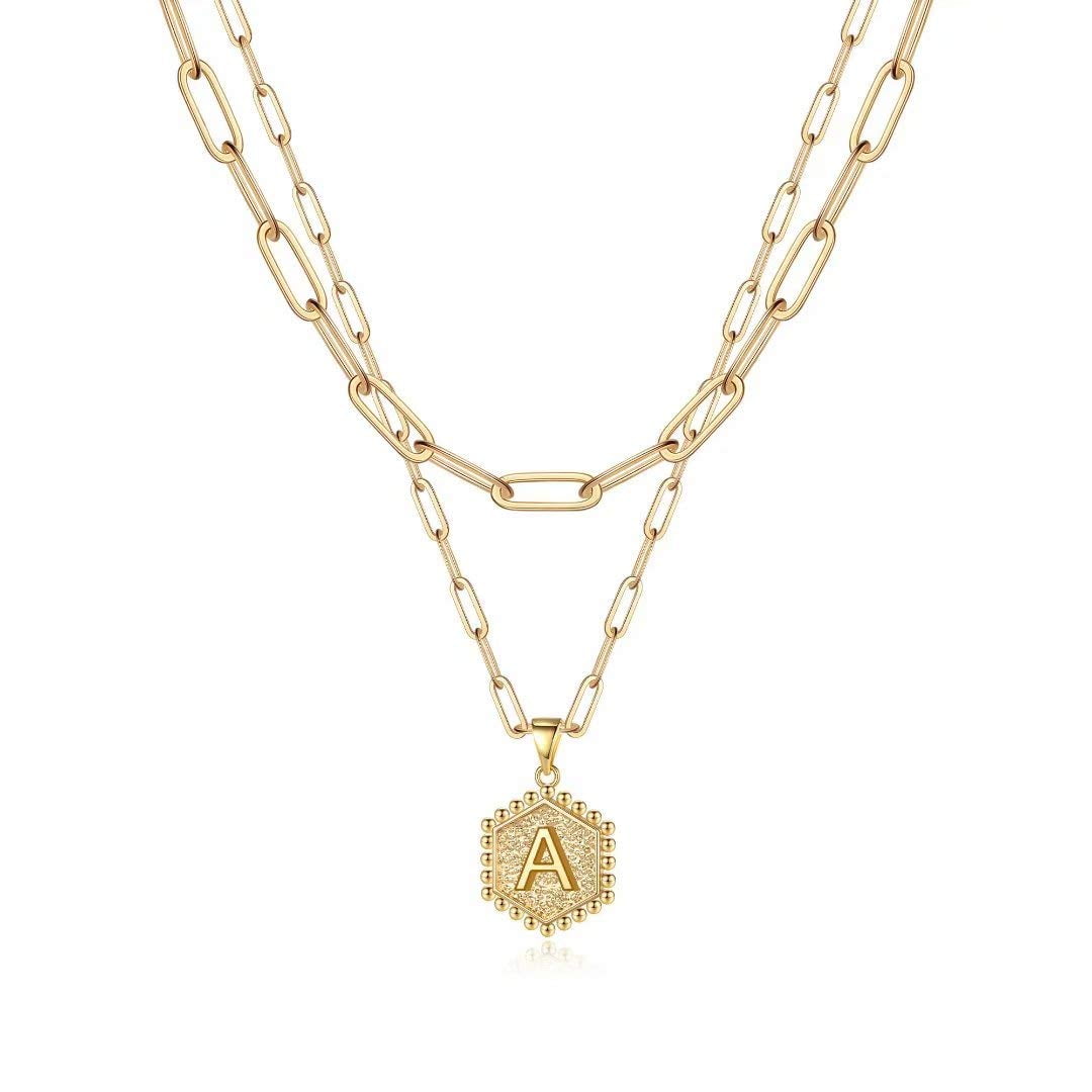 Turandoss 14K Gold Plated Hexagon Layering Charm Paperclip Initial Stack Necklaces for Women Cute Jewelry Teacher Appreciation Mothers Day Graduation Gifts for Her Mom Kids Teen Girls Wife Ideas