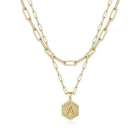 Turandoss 14K Gold Plated Hexagon Layering Charm Paperclip Initial Stack Necklaces for Women Cute Jewelry Teacher Appreciation Mothers Day Graduation Gifts for Her Mom Kids Teen Girls Wife Ideas