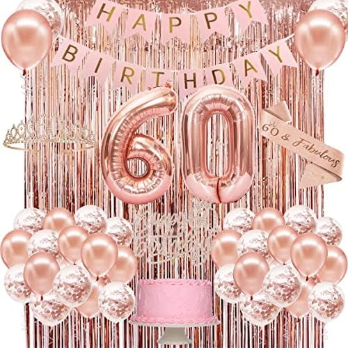 60th Birthday Decorations for Women, Rose Gold 60th Birthday Party Set with Crown, Sash, Cake Topper, Balloons, Banner, Fringe Curtains - Perfect 60th Birthday Party Supplies