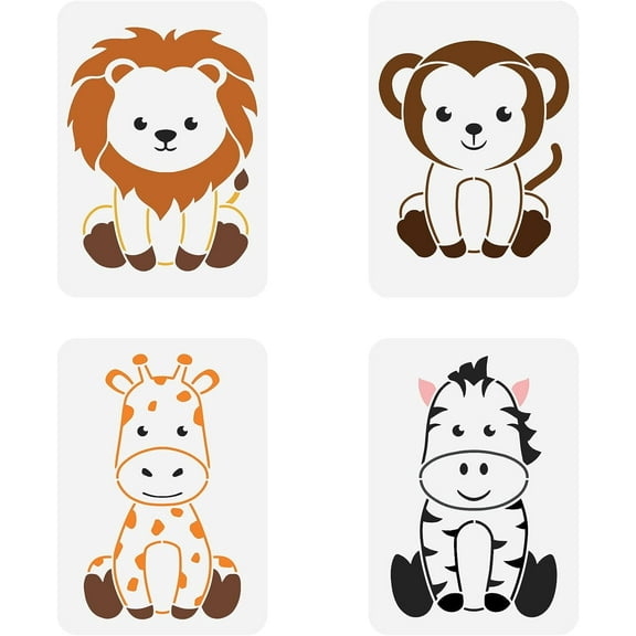 Nursery Animal Stencil 4PCS 11.7x8.3 inch Plastic PET Lion Monkey Giraffe Zebra Craft Stencil Reusable Cute Animal Painting Stencil Template for DIY Wall Tiles Fabric Photo AlbumMixed Color
