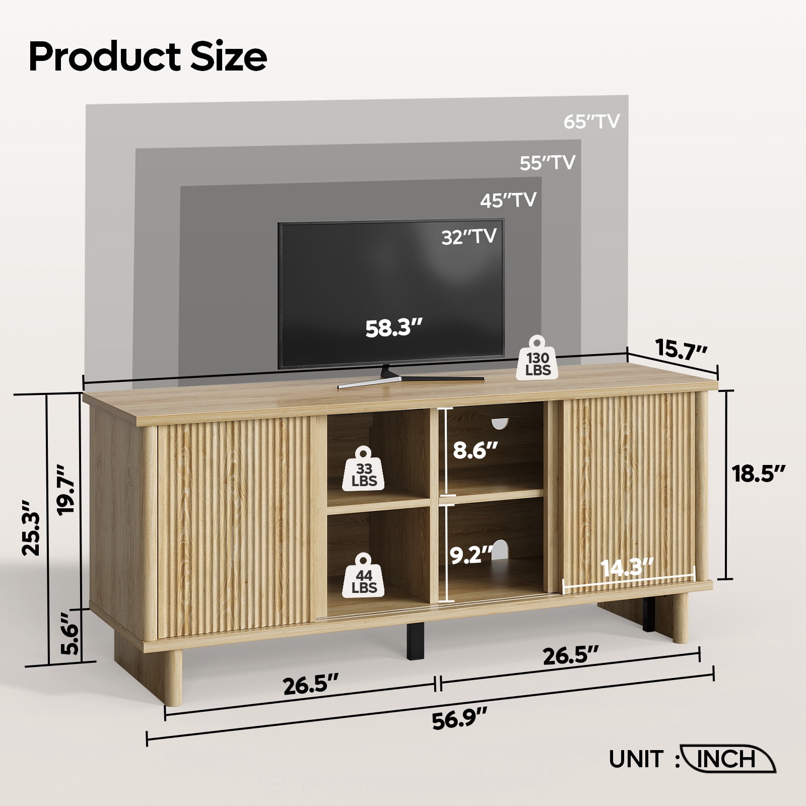 Bestier Fluted TV Stand for 65 inch TVs,Entertainment Center with 4-Sliding Doors,Height Adjustable Shelves,Media Console Table with Cable Management, TV Cabinet for Living Room,Natural Oak