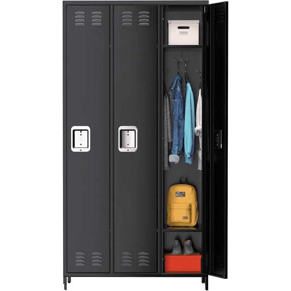 Metal Lockers for Employees with 3 Doors Black Steel Storage Locker Combination,72" Large Locker Storage Cabinet with 12 Hooks and 6 Shelves for Home School Office Gym,Assembly Required
