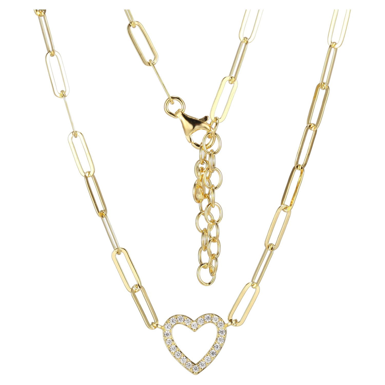 Forever Facets Heart Cubic Zirconia Paperclip 18” Necklace in 18k over Sterling Silver, Adult Female