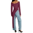 thumbnail image 4 of Women's Crew Neck Split Hem Long Tops Asymmetrical Dress Long Sleeve Slim Fitting Long Tunic Shirt Wine M, 4 of 5