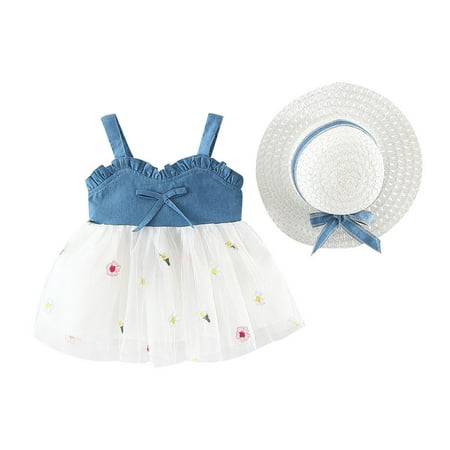 

Dresses for Women 2023 Wedding Guest Toddler Baby Kids Girl Sleeveless Strap Bow Flowers Tulle Princess Dresses Hat