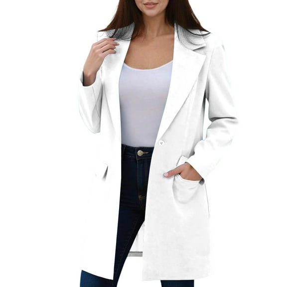 TKLPEHG Women's Blazer Fall Long Coats Button Lapel Long Sleeve Blazer Jacket Work Casual Outerwear Loose Trench Coats with Pocket (White,L)