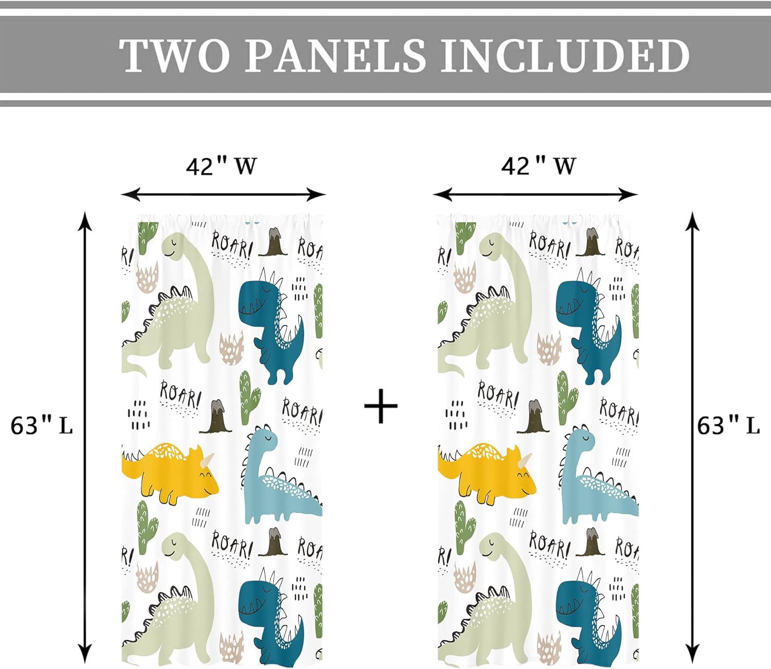 Kids Dinosaur Curtains for Baby Boys 42Wx63L Inch Rod Pocket Cute Cartoon Dino Toddler Room Decor Nursery Colorful Safari Funny Animal Printed Bedroom Living Room Window Drapes Fabric 2 Panels