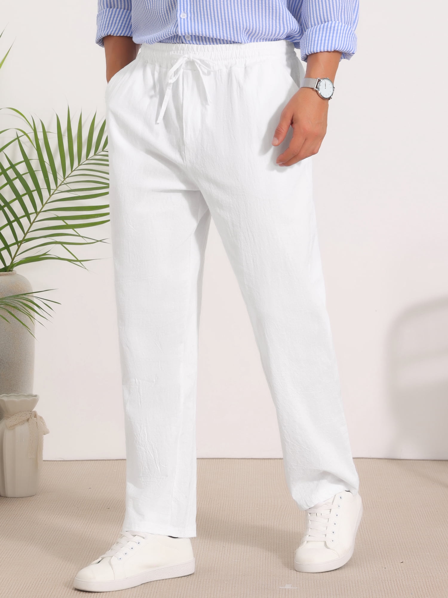 DARING DIVA Men's Beach Pants Drawstring Waist Breathable Summer Linen Pants 34 White