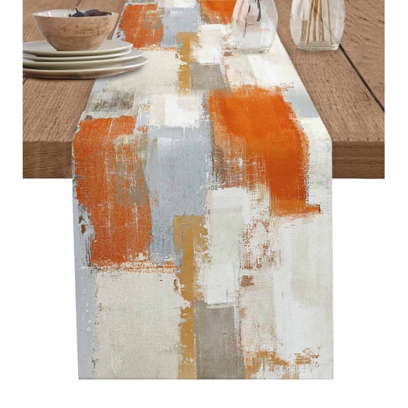 Hokiten Table Runners 108 Inches Long Dress Scarves, Abstract Orange Grey Farmhouse Coffee/Dining/Kitchen Table Runner for Living Room, Vintage Geometric Oil Painting Art 13x108 Inch
