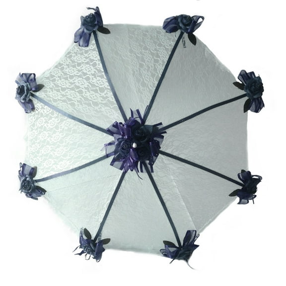 PFP Decorated Bridal Shower White Lace Umbrella Parasol 36" and Navy Blue Roses