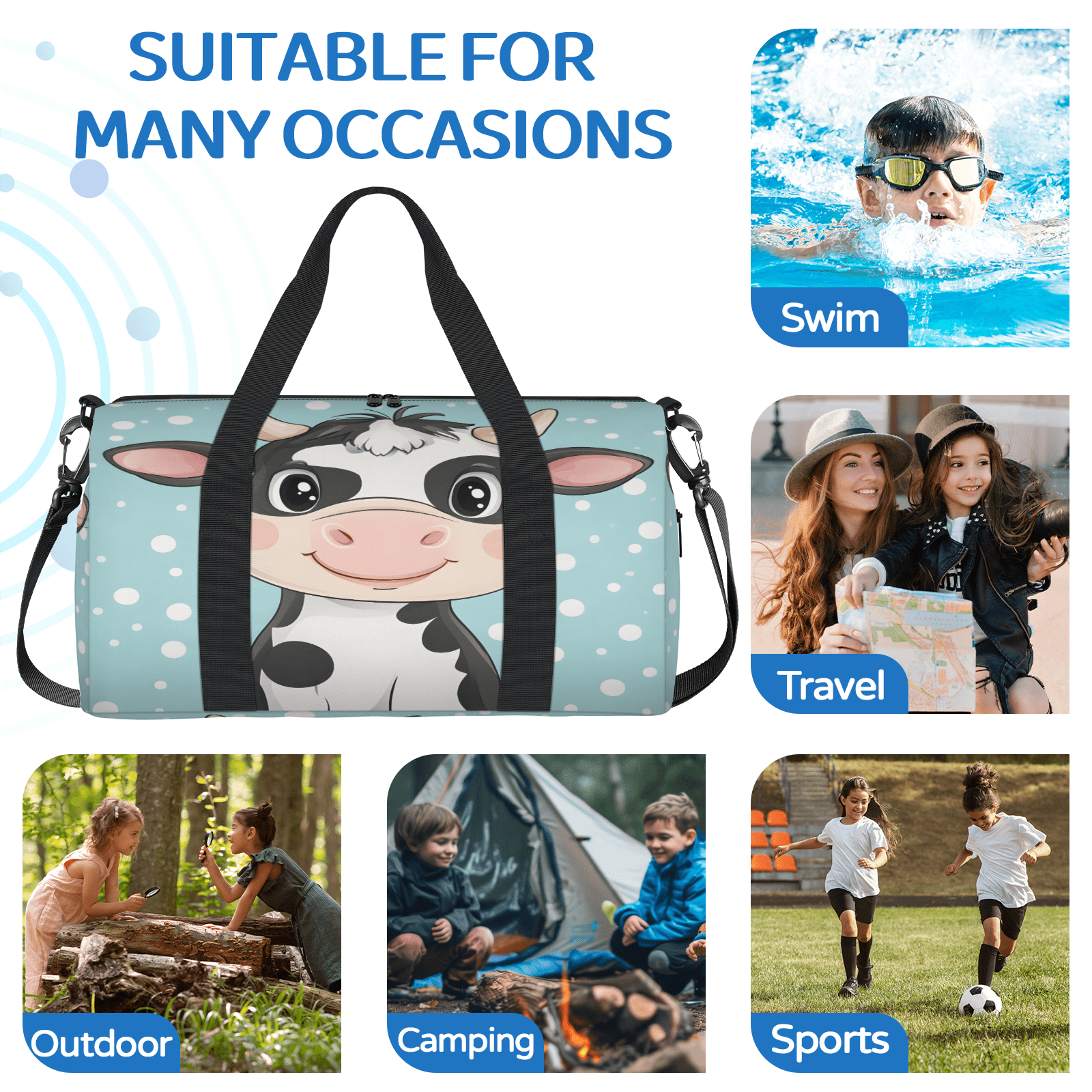 Herdesigns Blue Travel Duffle Bag Sports Yoga Weekender Overnight Carry on Workout Bags Lightweight Waterproof Gym Tote Bag for Women Cow
