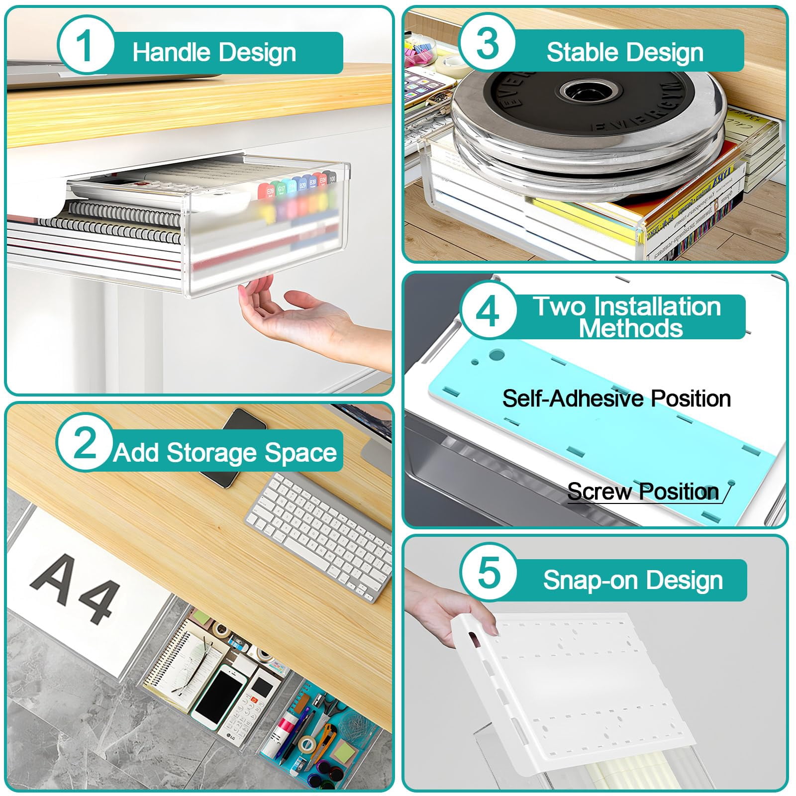 Under Desk Table Drawer Storage Organizer 3 Pack Small & Medium Large Slide Out Drawers - Desktop Adhesive Pencil Tray Table(clear/lms)