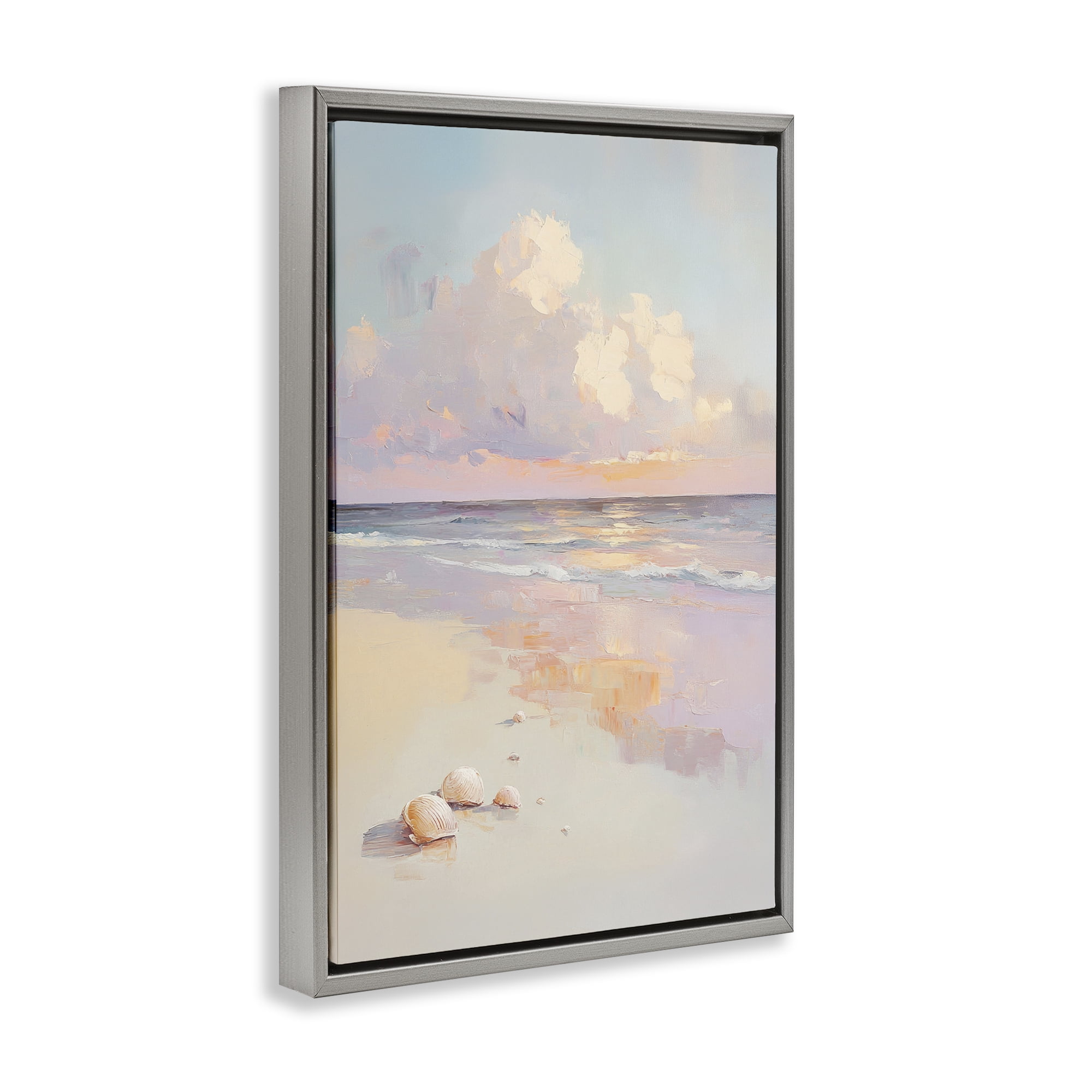 Stupell Industries Pastel Sunset Over Seashells Gray Framed Floater Canvas Wall Art, design by Sisi and Seb