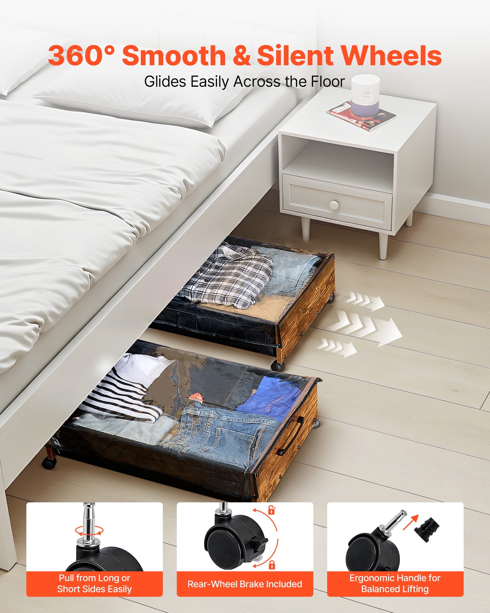 VEVOR Under Bed Storage with Wheels, 25.6 x 18.1 x 7.1 inch Underbed Containers, Underbed Shoes Organizer with Lockable Wheels, Rolling Under the Bed Storage Bins for Clothes, Shoes, Blankets, 2 Pack