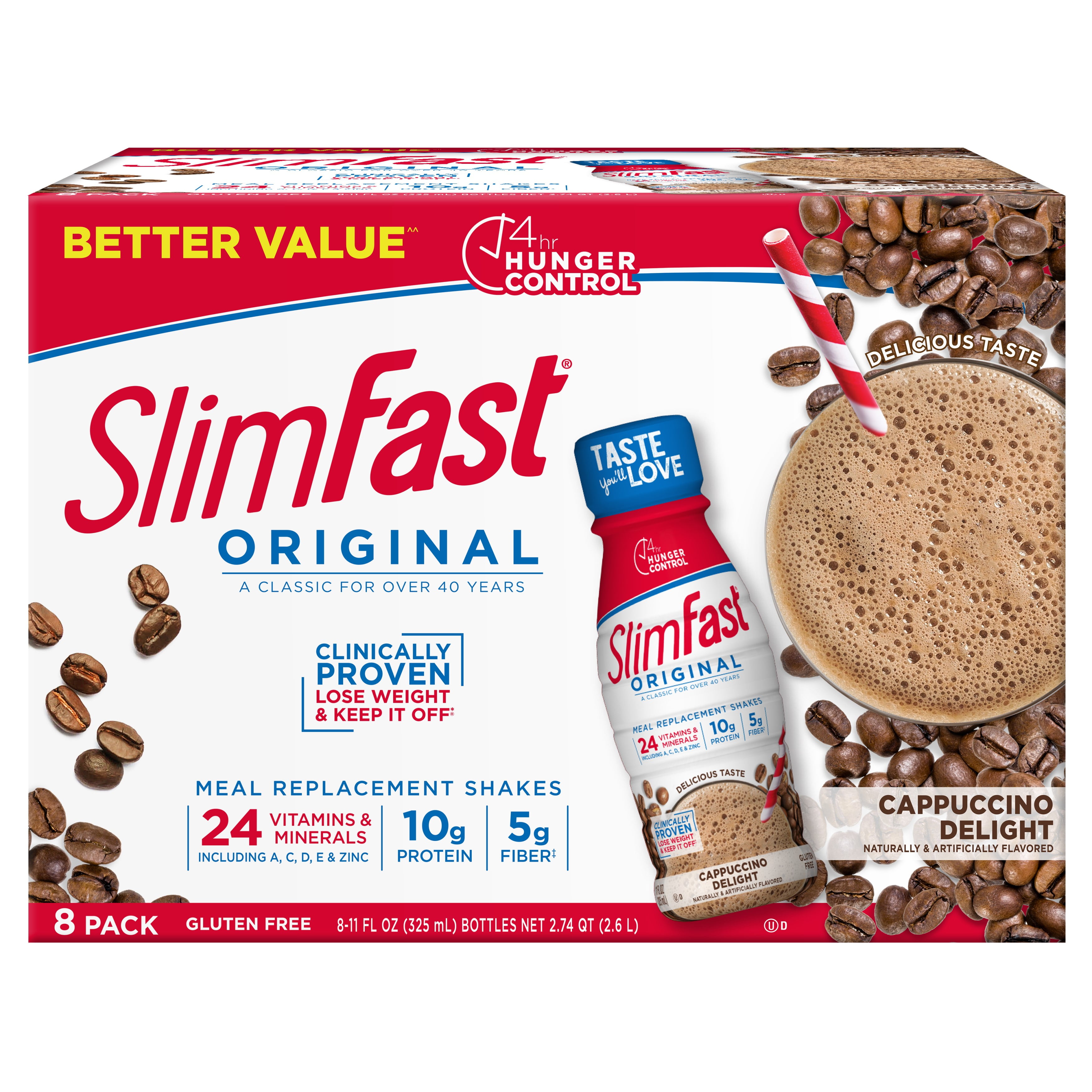 SlimFast Original Meal Replacement Shakes, Cappuccino Delight, 11 fl. Oz., 8 Ct