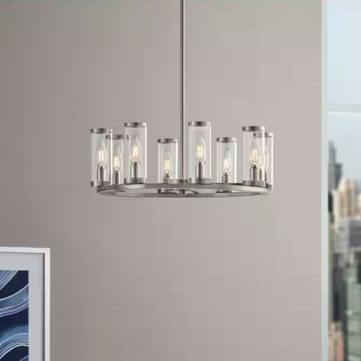 Ceybo 8 Light Brushed Nickel Wagon Wheel Chandelier Light Fixture with Clear Glass Shades
