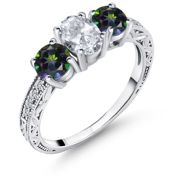 Gem Stone King 2.22 Ct Oval White Topaz Green Mystic Topaz 925 Sterling Silver Ring (Size 8)