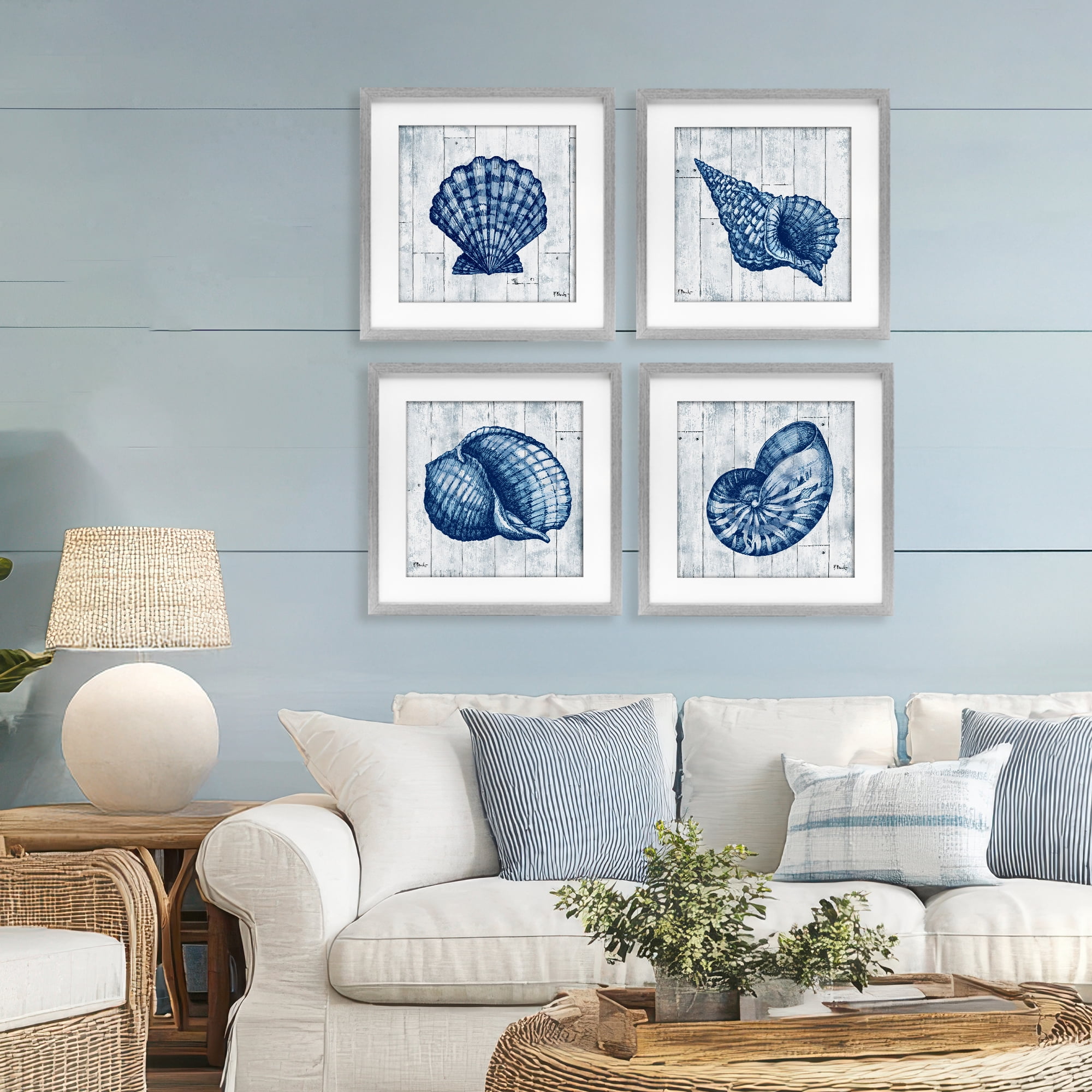 Stupell Industries Coastal Timberland Seashells 4 Piece Gray Framed Print Under Glass Set, design by Paul Brent