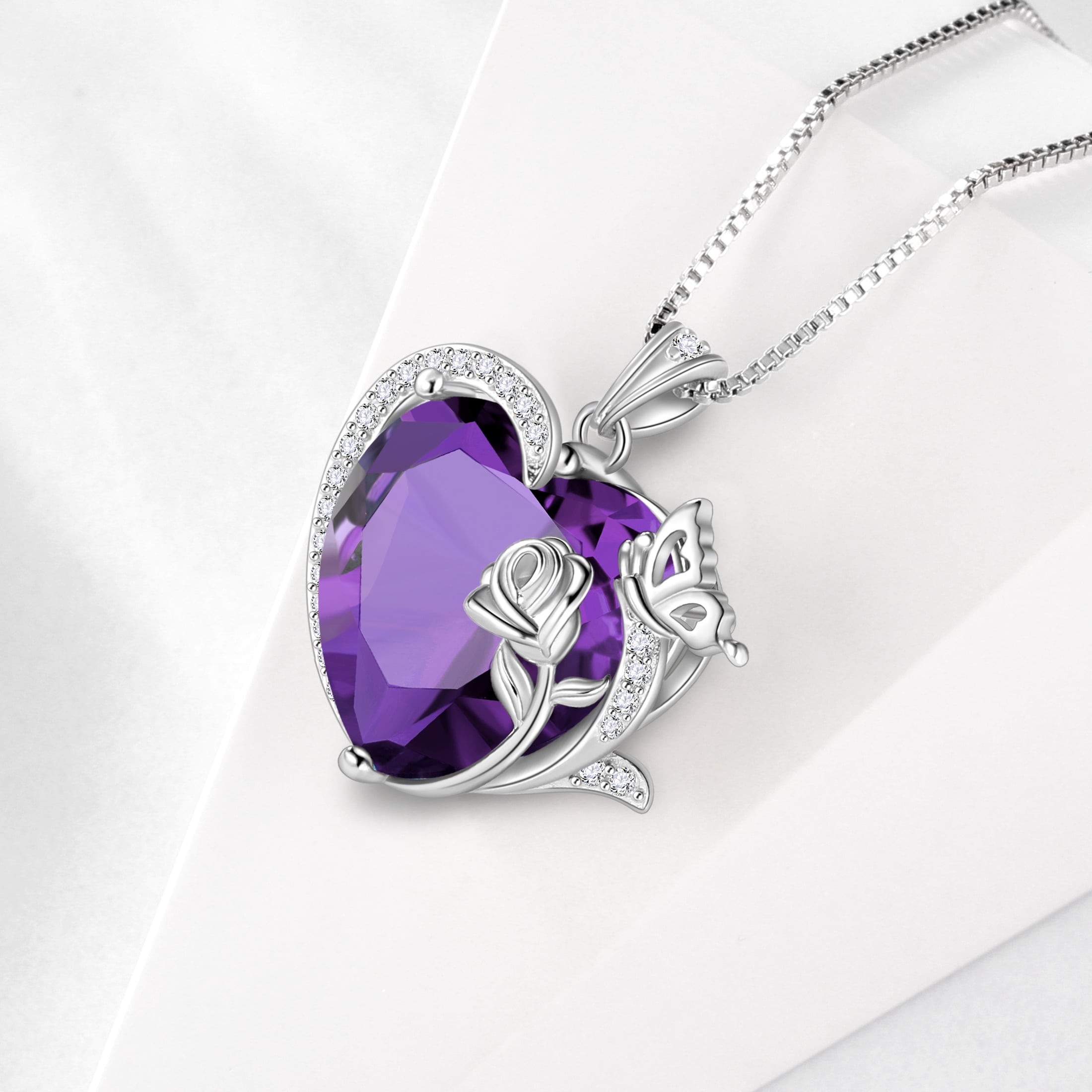 Juwaliy Women Heart Necklace Butterfly Rose Flower Pendant February Birthstone Amethyst Purple 925 Sterling Silver Jewelry Mom Valentine's Day Gifts