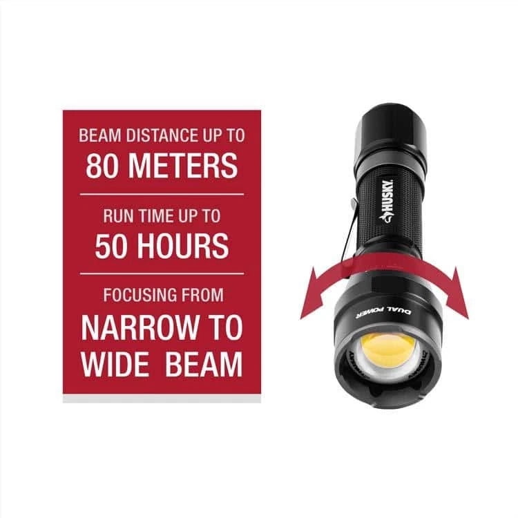 Husky 1800 Lumens Dual Power LED Rechargeable Tactical Focusing Flashlight