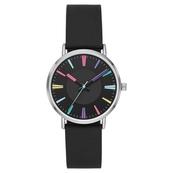 Time & Tru Women's Wristwatch: Silver Tone Case, Black Dial, Multi Colored Markers, Silicone Strap (FMDOTT041)