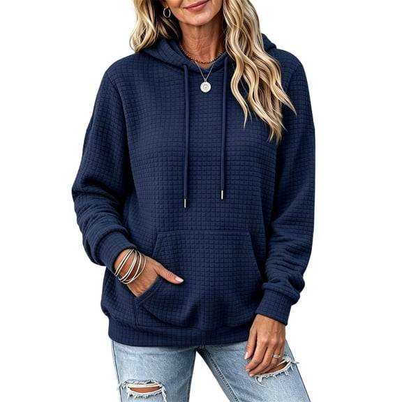 Nowekniz Women Waffle Knit Hooded Pullover Sweatshirt, Long Sleeve Drawstring Loose‑Fit Casual Hoodie Tops With Pockets, Autumn Daily Fashion Outfits