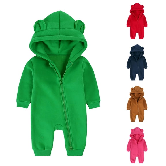 AWZXDE Boys Loose Fit Rompers Bear Ear Hooded Full Zipper Long Sleeve Romper Elastics Casual Daily Layering Romper Green - 3-6 Months