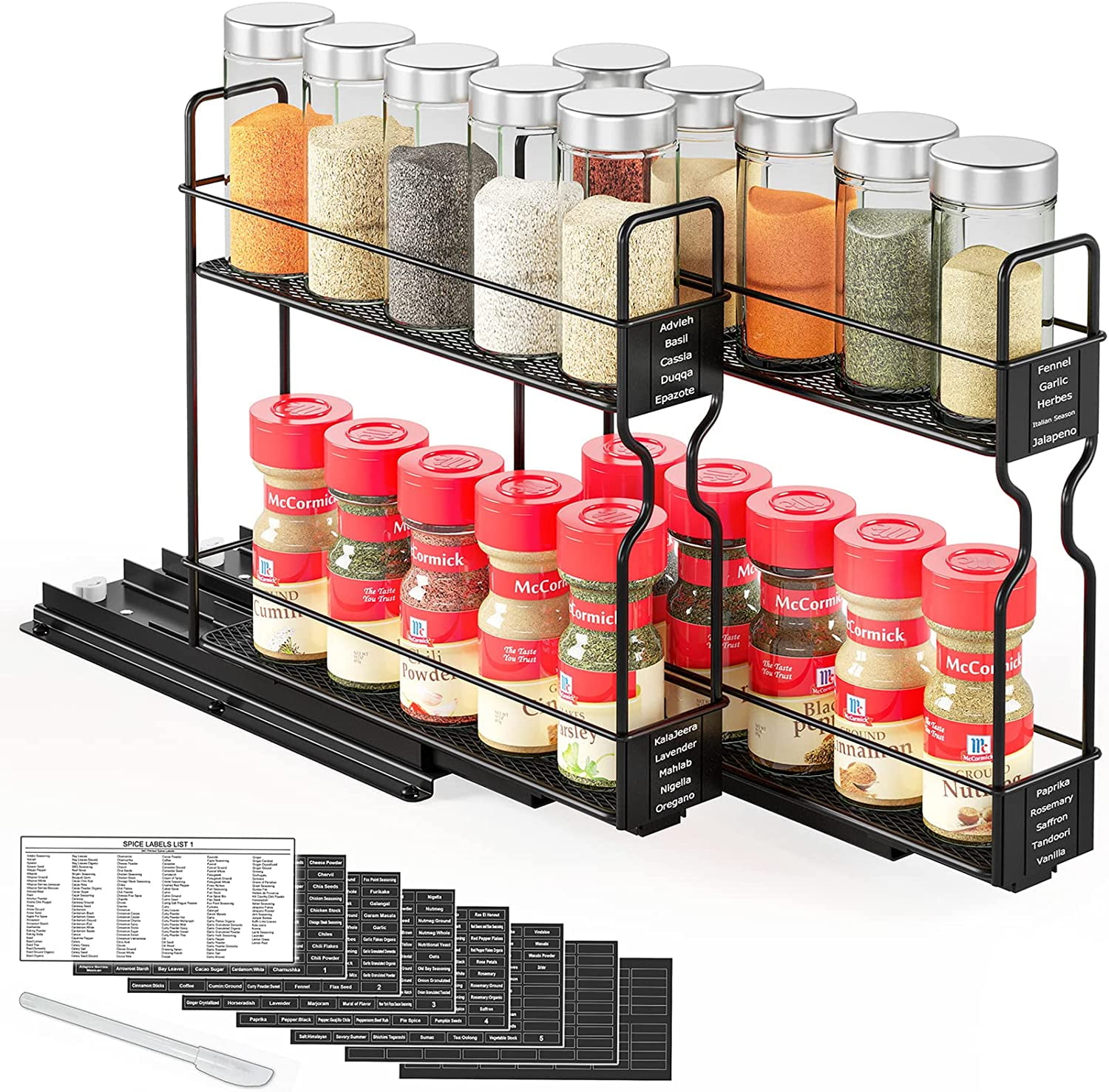 Pull Out Spice Rack Organizer for Cabinet, Heavy Duty Slide Out Seasoning Kitchen Organizer, Cabinet Organizer, with Labels, 5.2" W x10.75 D x10 H, 2 Drawers 2-Tier