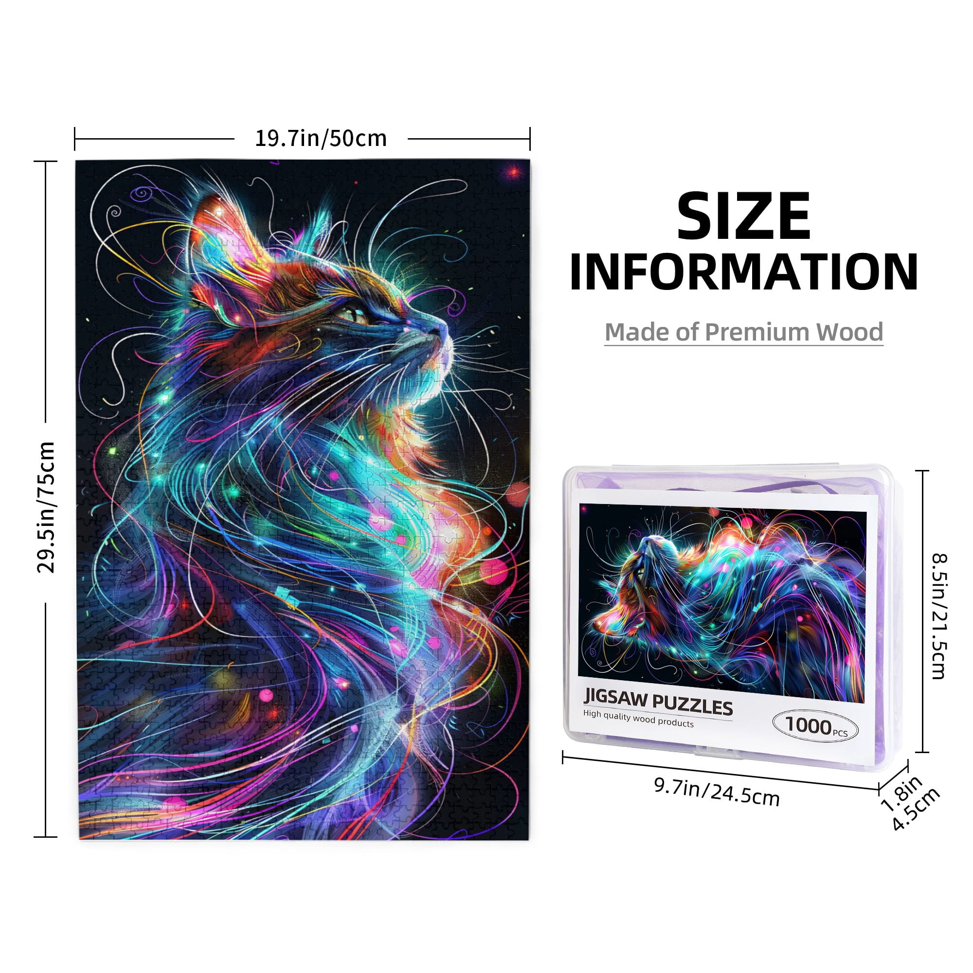 1000 PCS Modern Style Colorful Cat - 1000 Piece Animal Wooden Jigsaw Puzzles,Unique And Beautiful Design,Depicting A Colorful Cat With Vibrant Artistic Illustrations As Its Characteristic Feature