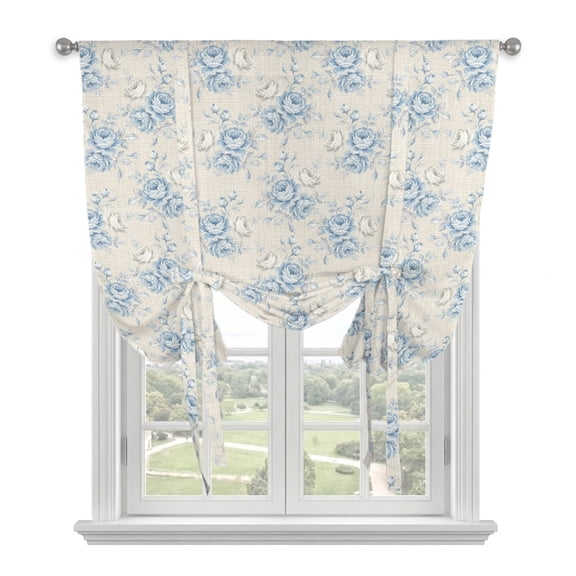 Blue Floral Tie Up Curtains for Windows, Adjustable Balloon Window Shades, Summer Coastal Flowers Plants Beige Kitchen Window Treatments Farmhouse Short Curtains with Rod Pocket 42"x45"