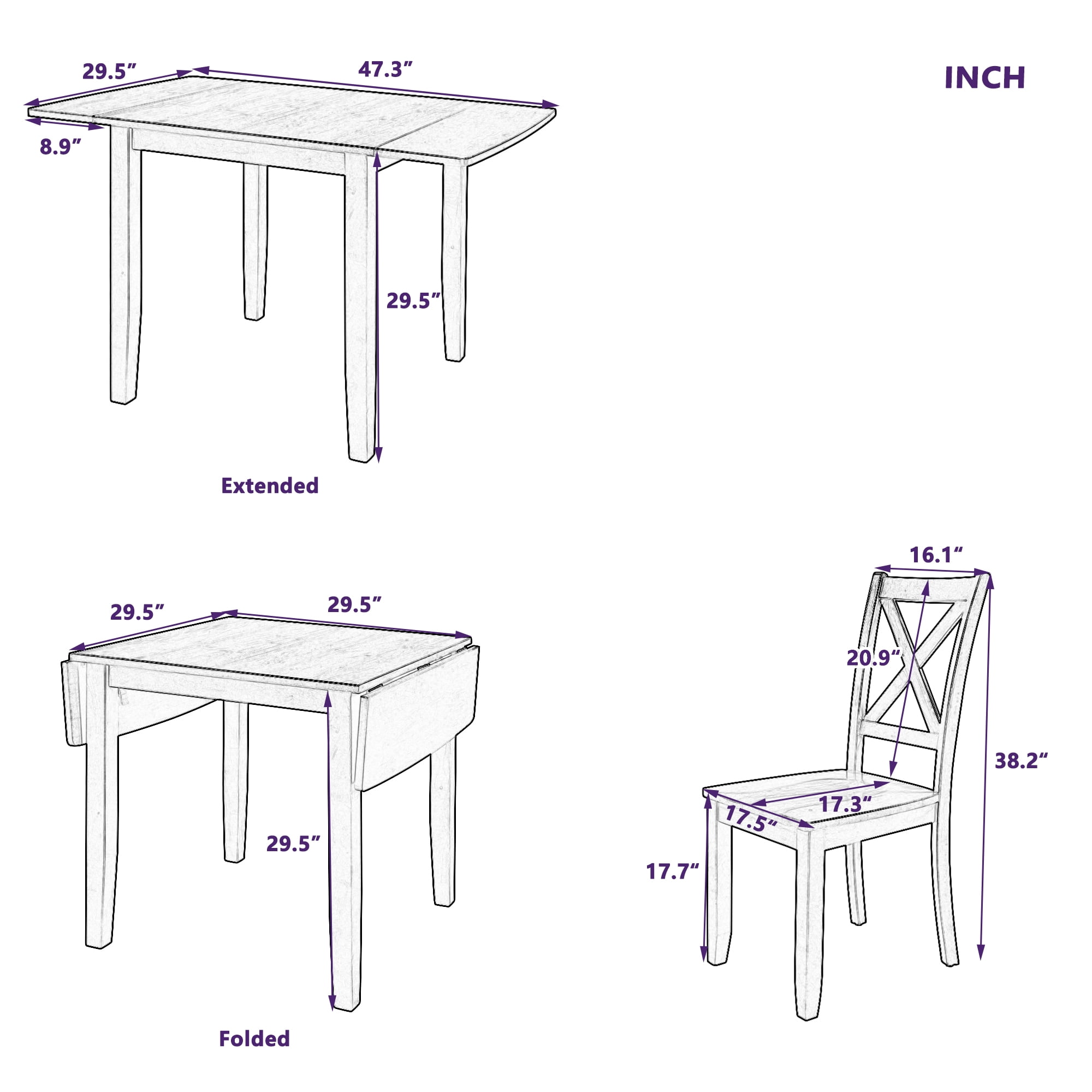 MAYEERTY 3-Piece Wood Drop Leaf Breakfast Nook Dining Table Set with 2 X-back Chairs for Small Spaces, Espresso