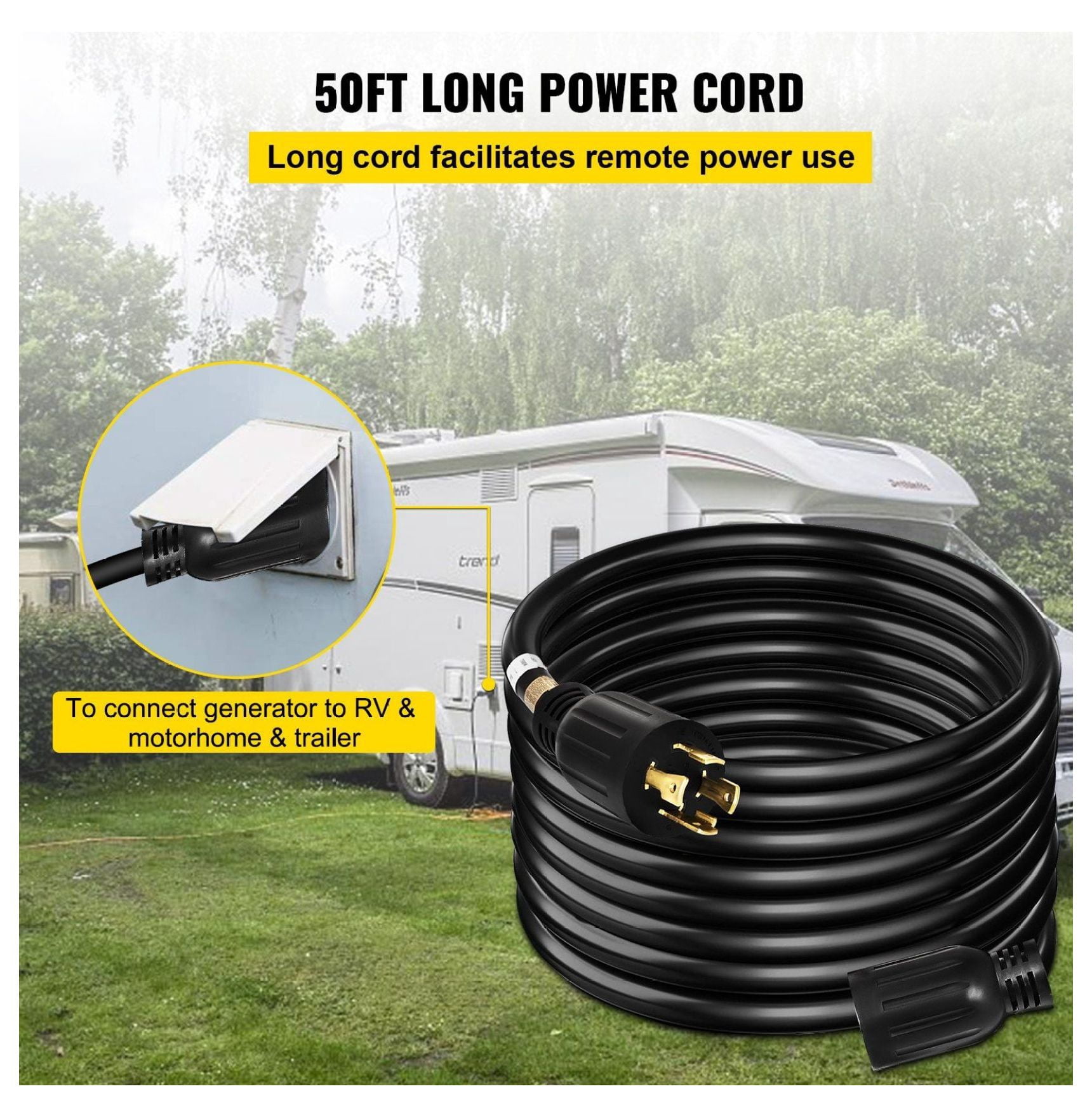 30 Amp Generator Extension Cord 50ft 10 Gauge 4 Wire NEMA L14-30P to L14-30R Heavy Duty Generator Power Cord SJTW Copper Twist Lock for RV/Camping