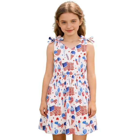 Shinyii Girls Independence Day Sundress Bow-Tie Straps Summer Casual Dress, Sizes 9-10