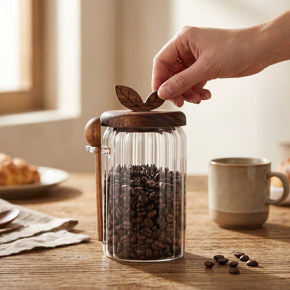 Glass Jar with Wooden Lid and Spoon, Food Storage Containers Coffee Jar Coffee Grounds Container, 27oz Coffee Canister holds up to 8.5oz of Coffee Beans