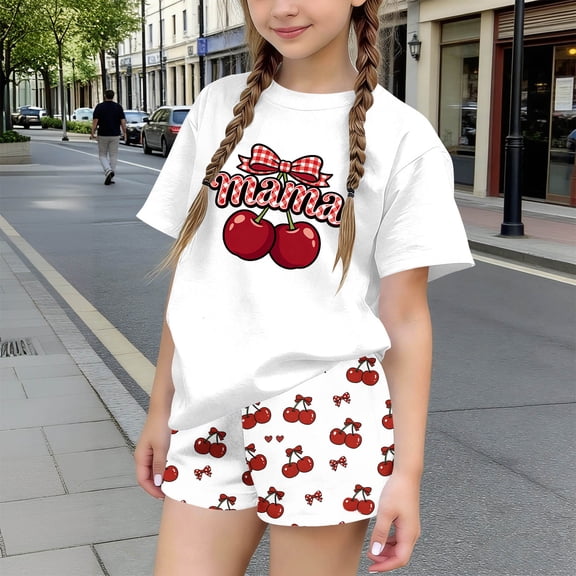 WPPGONE 2 Piece Little Girls Pajama Set Short Sleeve Mama Cherry Graphic Top and Printed Shorts Breathable Cotton Lounge Wear Summer Sleepwear Casual Outfits Apparel