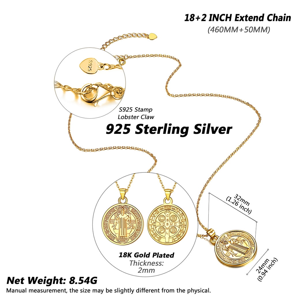 Silvora 18K Gold Plated St Benedict Medal Necklace 925 Sterling Silver Saint Benedict Pendant Chain Catholic Jewelry Gift for Women Men