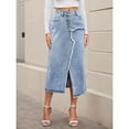thumbnail image 5 of Women's Denim Skirt Long Jean Dress High-Waist Front Split Frayed Raw Hem A-Line Skirt with Pockets Casual Light Blue, 5 of 6