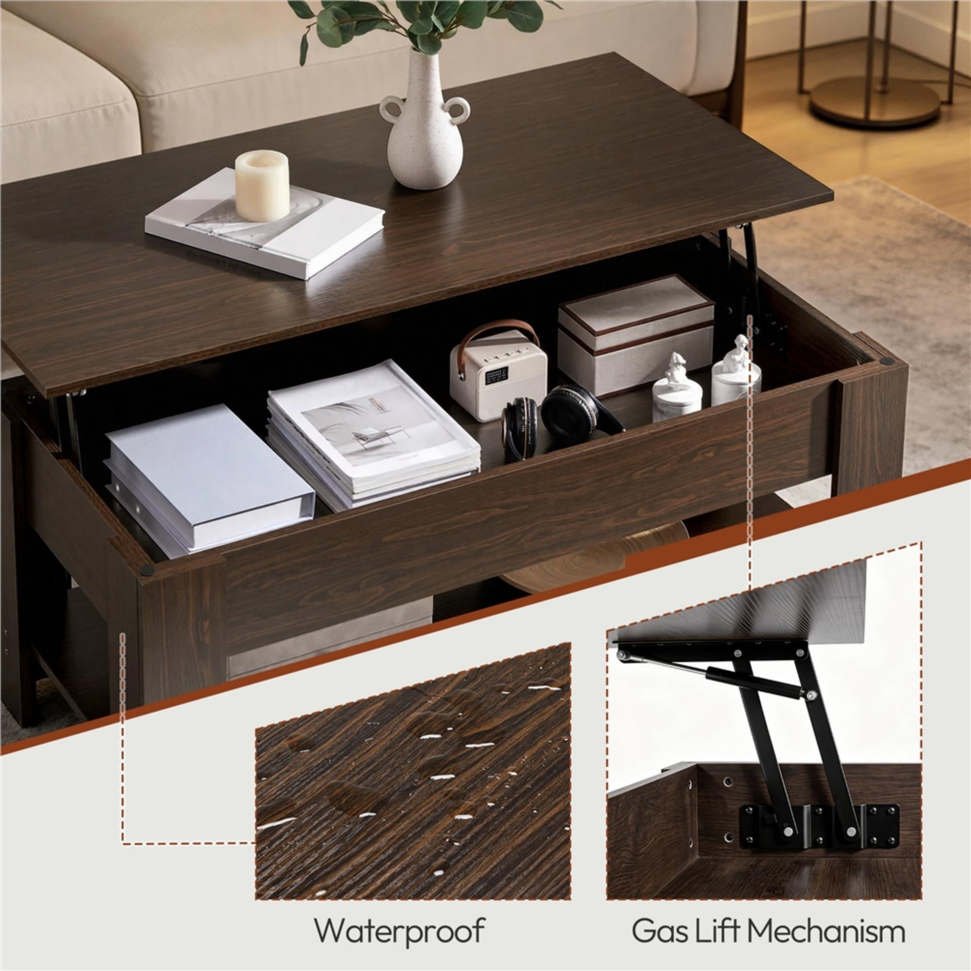 Alden Design Modern 47.5" Wood Lift Top Coffee Table with Lower Shelf for Living Room, Espresso