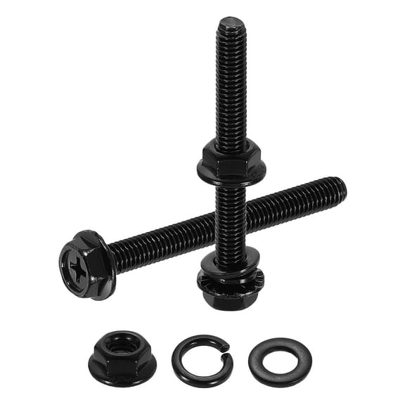 M6 x 55mm 10Pcs Phillips Flanged Hex Bolts with Nuts, Flat & Lock Washers, Black