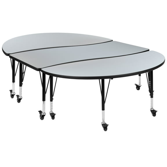 Flash Furniture Emmy 3 Piece Mobile 86" Oval Wave Flexible Grey Thermal Laminate Activity Table Set - Height Adjustable Short Legs