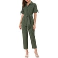 thumbnail image 2 of INSPIRE CHIC Women's Jumpsuit Short Sleeve Collared Button Down Tie Waist Cotton Cargo Jumpsuit S Green, 2 of 7